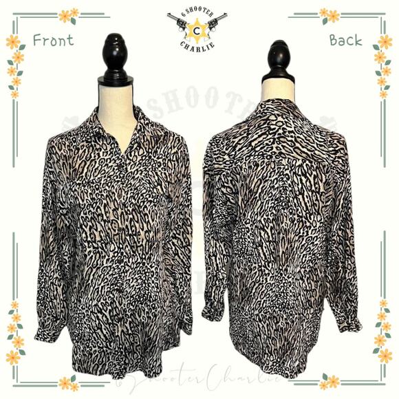 Vintage Regina Porter Women 80s Brown Black Animal Print Button Down Blouse Sz 6 - Picture 1 of 6